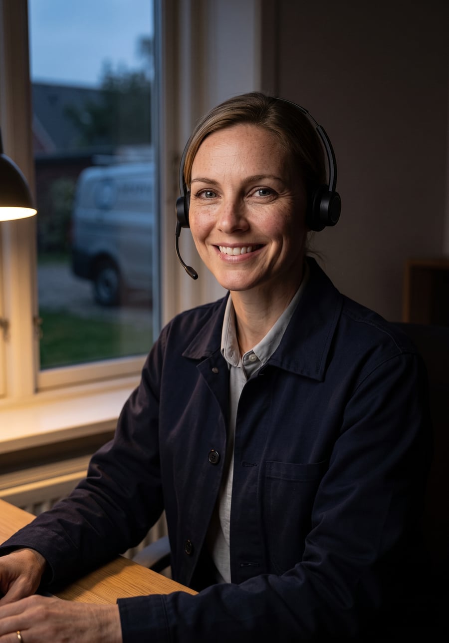 Eine Mitarbeiterin mit Headset am Schreibtisch am Fenster, im Hintergrund bei Dämmerung ein Transporter im Hof des Handwerksbetriebs