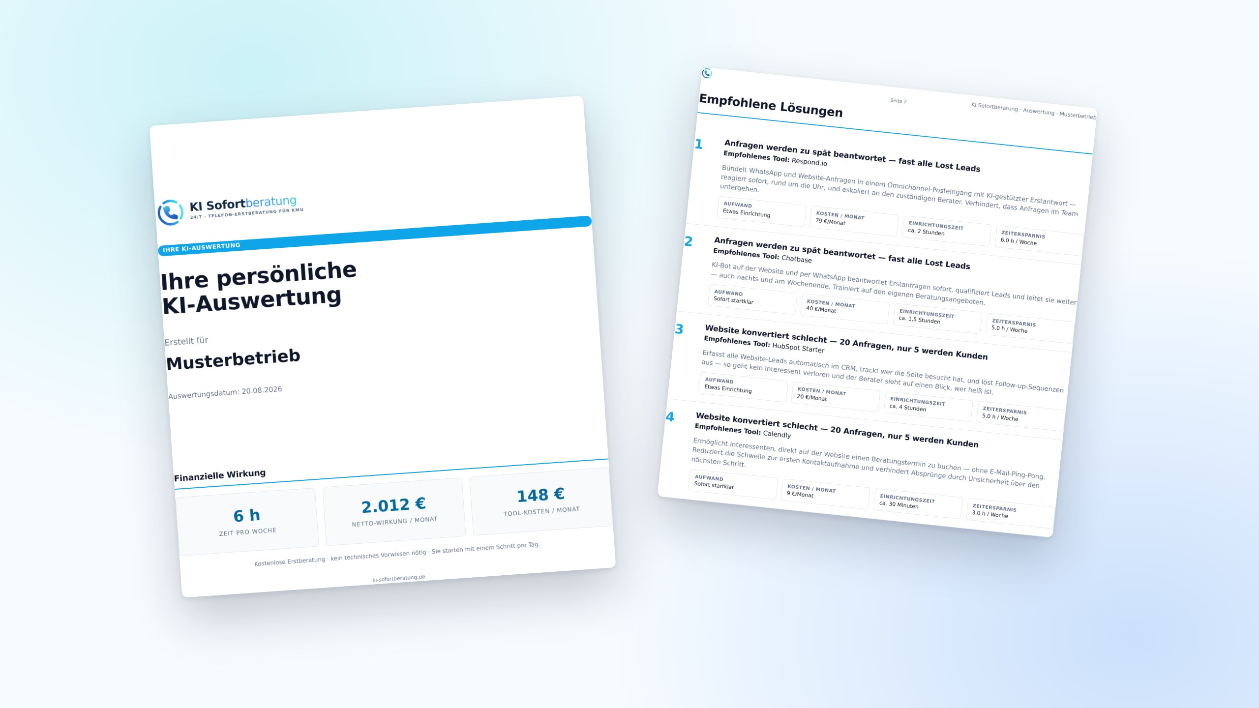 Zwei Seiten der Muster-Auswertung: das Deckblatt mit der finanziellen Wirkung und die Seite mit den vier Sofort-Maßnahmen samt Kosten und Einrichtungszeit